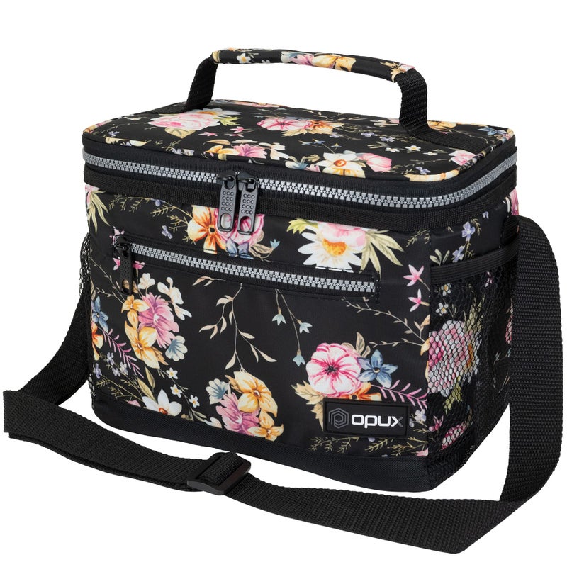 opux Insulated Lunch Box Men Women, Lunch Bag for Work School, Leakproof Soft Cooler Tote Adult, Large Lunch Pail Kids Boys Girls, Picnic Beach Food Bag with Shoulder Strap, Black Floral - Image 1
